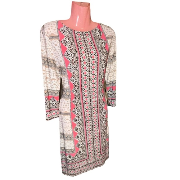 London Style Midi Sz 6 Dress paisley and geometric print black/tan/white/ pink - Picture 3 of 7